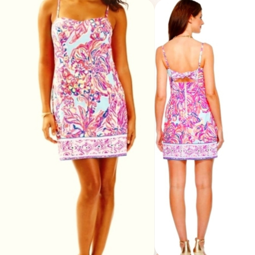 Lilly Pulitzer Resortwear Size 00 Pink Blue Tropical Strappy Back Tie Mini Dress
